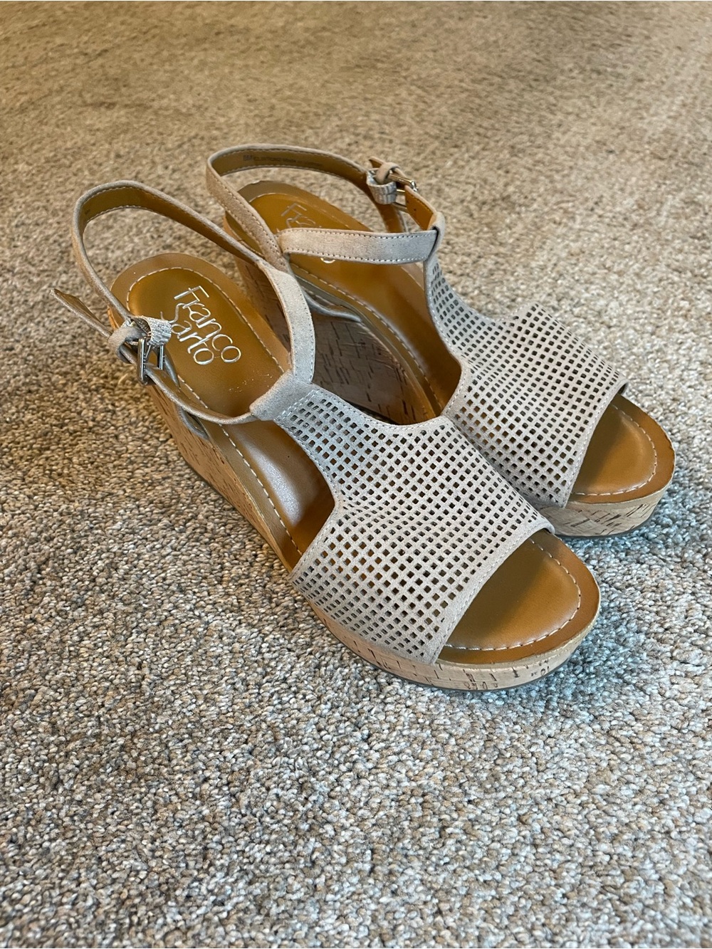 Franco Sarto Taupe Perforated Wedge Sandals Size 8 M Cork Platform Boho